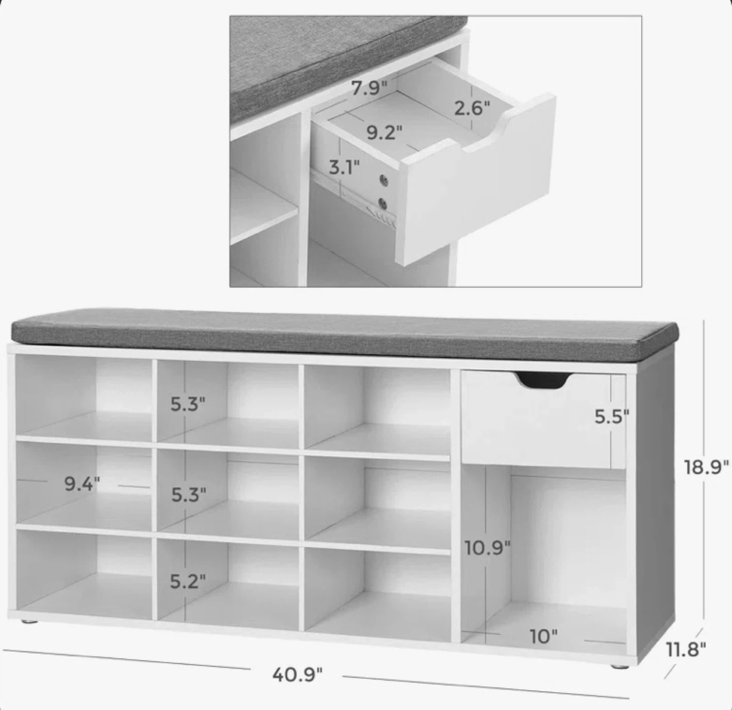 White Shoe Rack Bench with Storage Cubbies and Drawer - photo 2