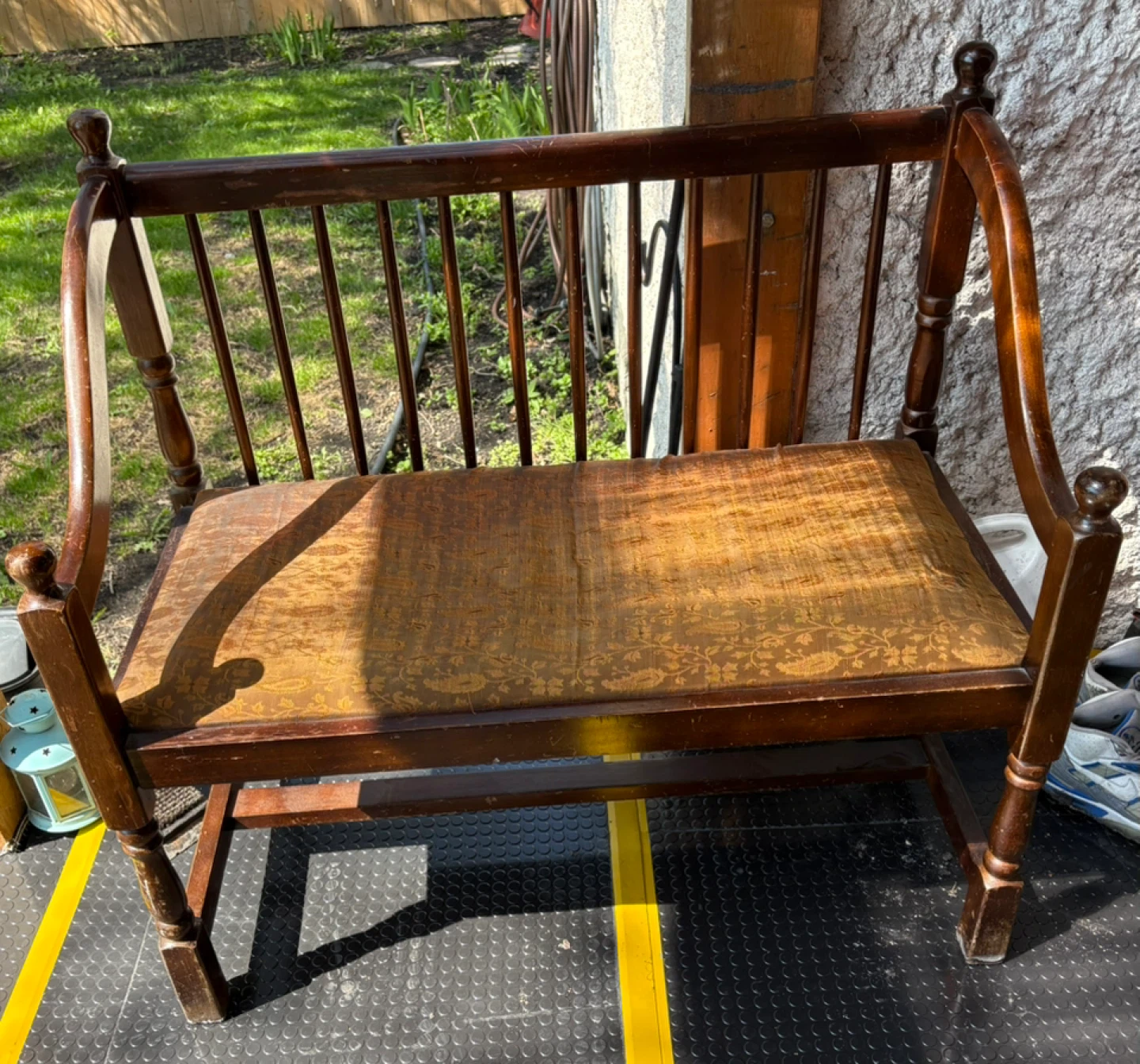 Antique Wooden Bench with Upholstered Seat