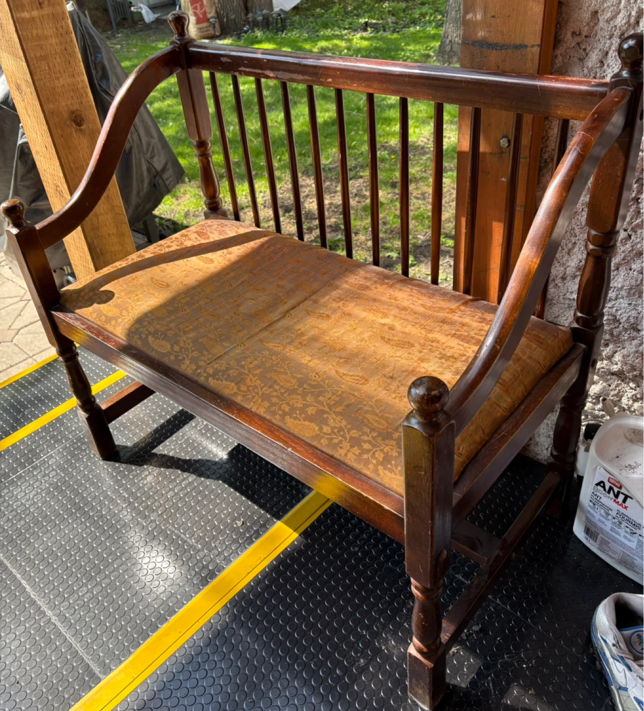 Antique Wooden Bench with Upholstered Seat - photo 3