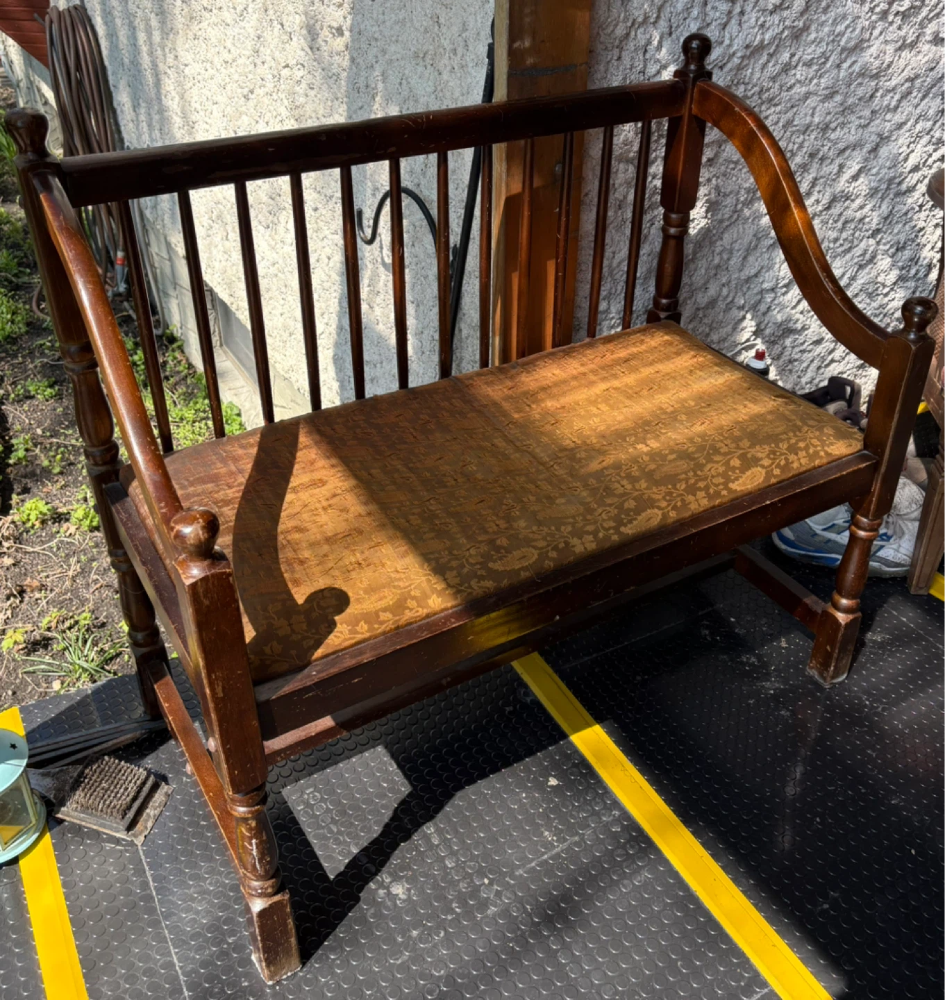 Antique Wooden Bench with Upholstered Seat - photo 2