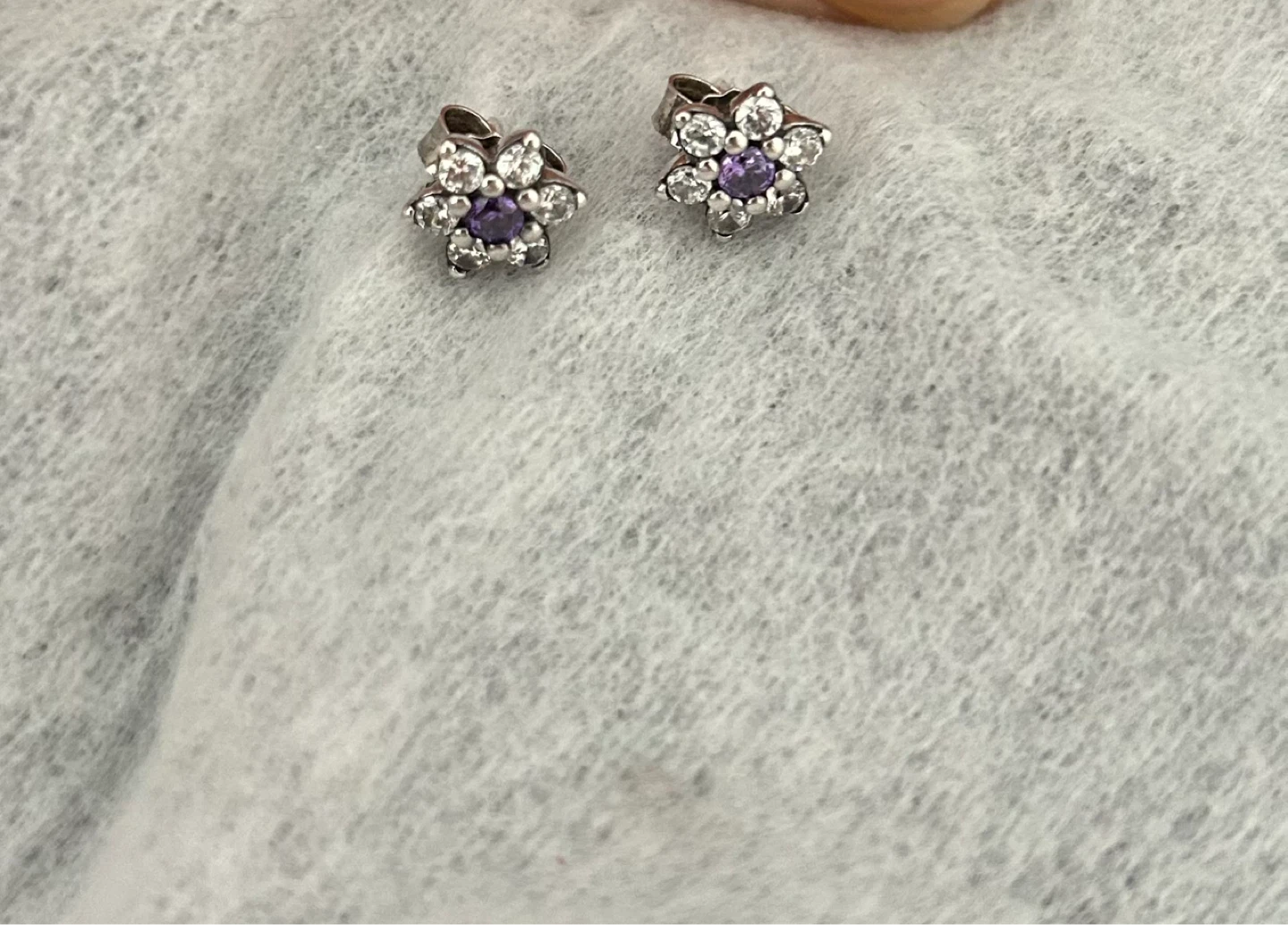 Pandora Flower Stud Earrings with Purple and Clear Stones - photo 2