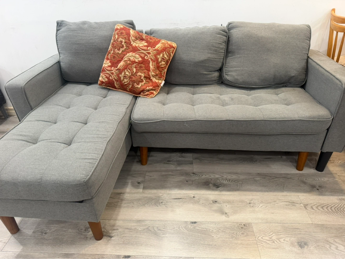 Grey Sectional Sofa with Tufted Cushions