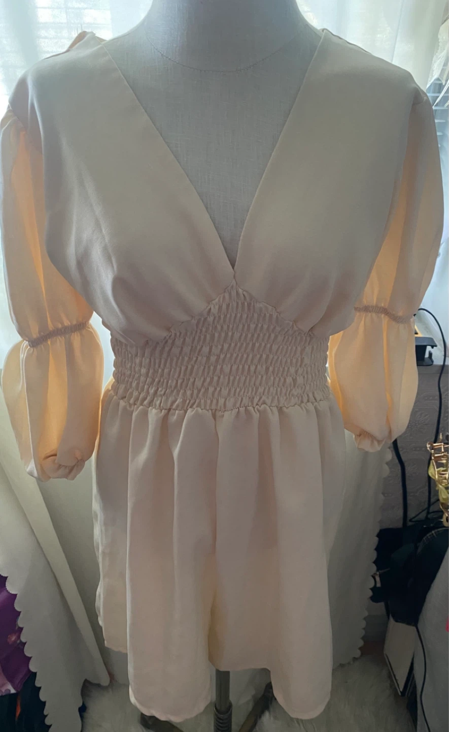 Cream Puff Sleeve Smocked Waist Mini Dress - photo 2