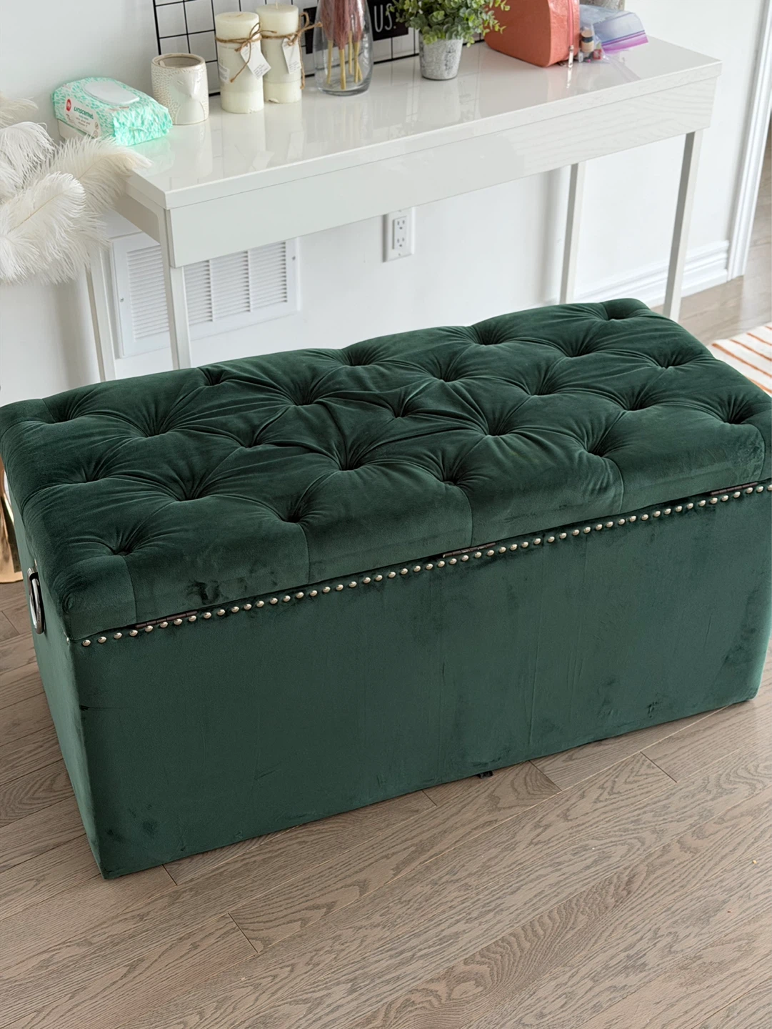 Dark Green Velvet Storage Ottoman Bench with Tufted Lid