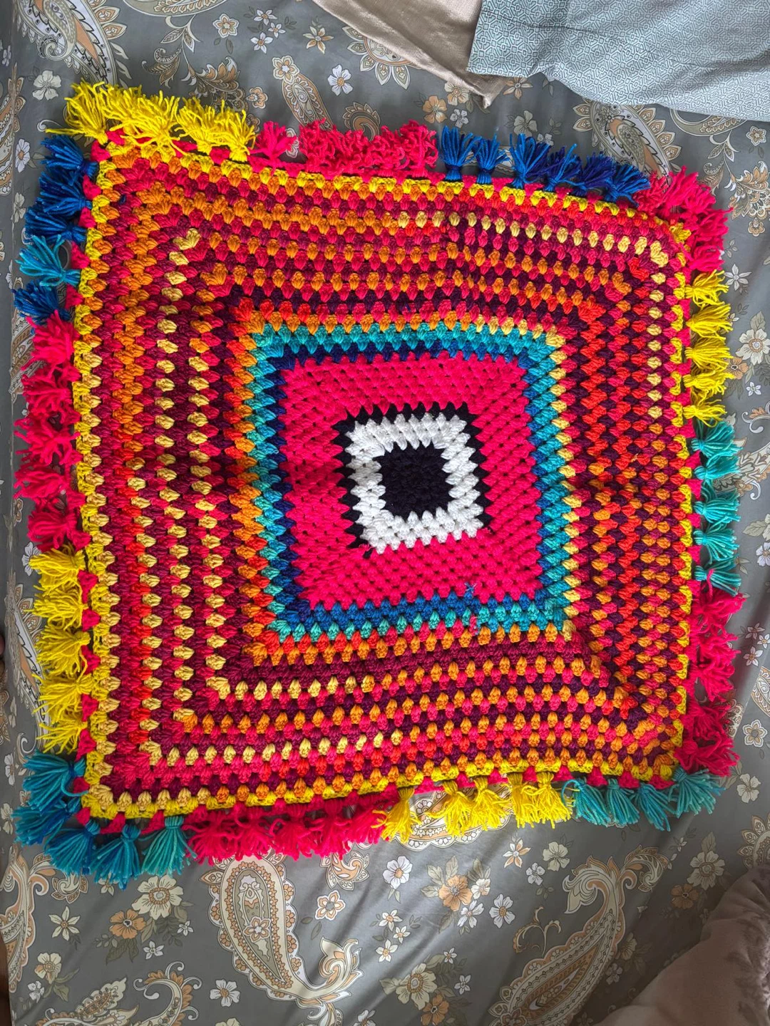 Handmade Crochet Granny Square Throw Pillow Cover Tassel Boho - photo 2
