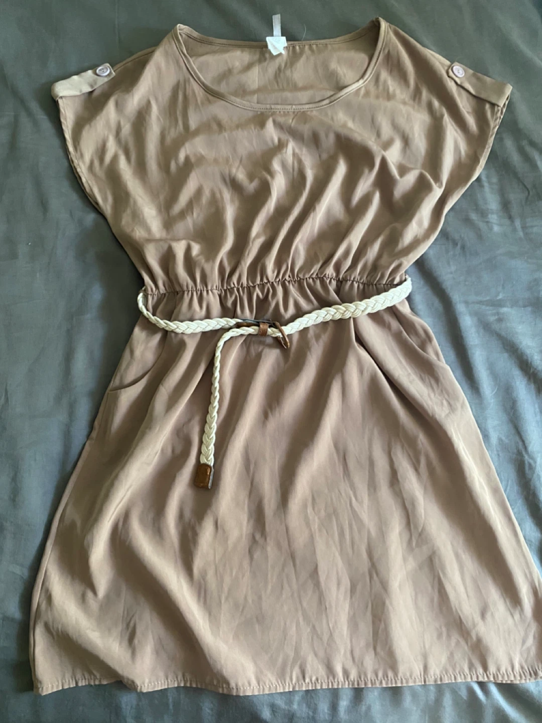 Women's Brown Short Sleeve Belted Dress with Pockets - photo 2