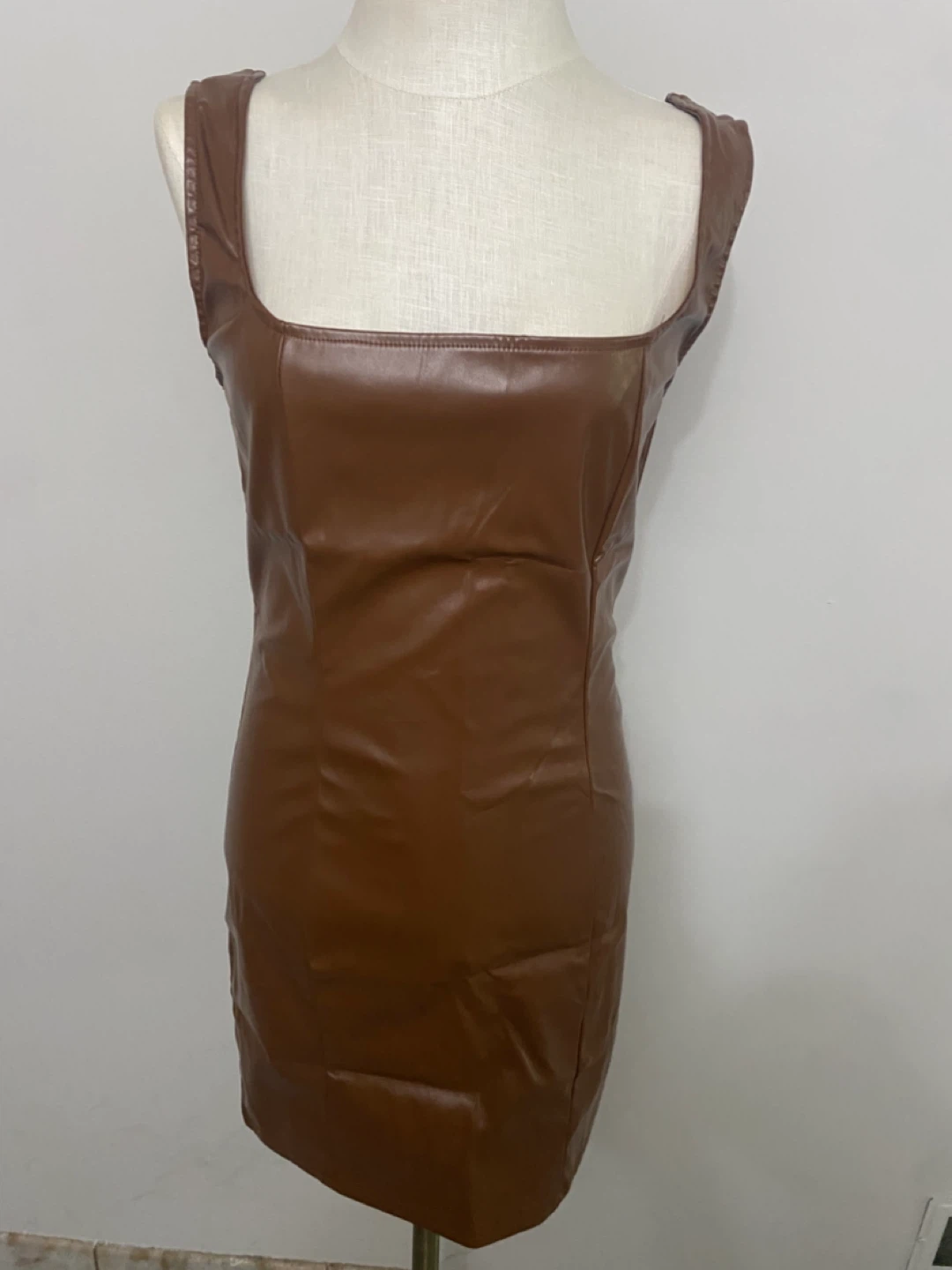 Shein Brown Faux Leather Square Neck Mini Dress Size M