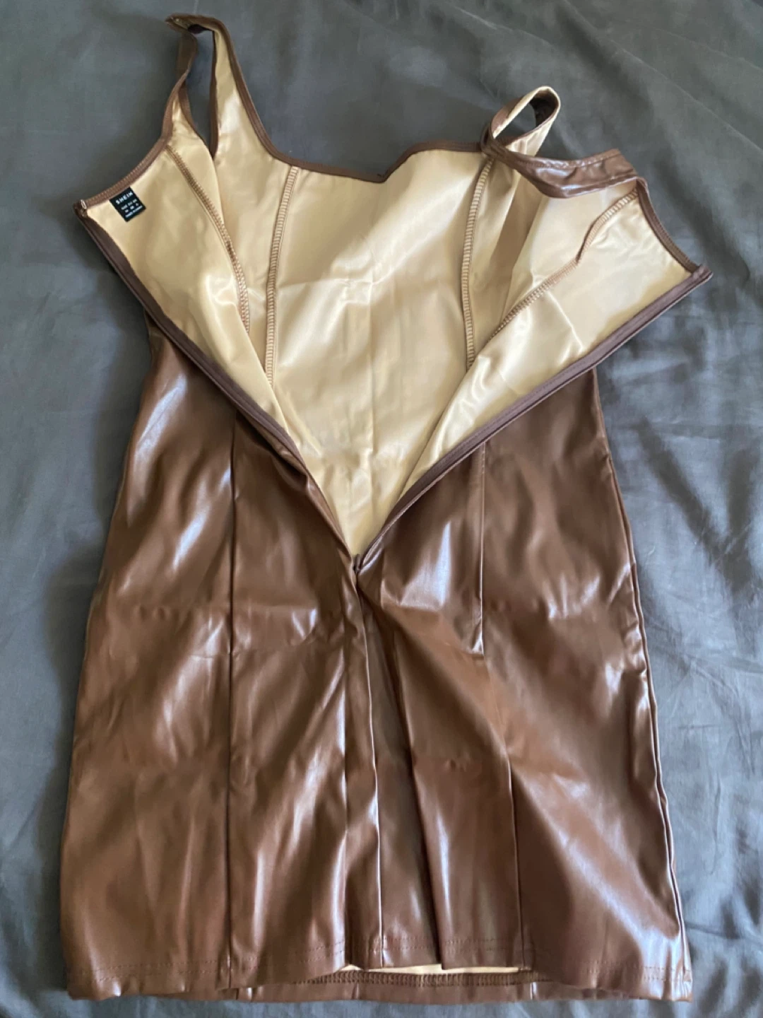 Shein Brown Faux Leather Square Neck Mini Dress Size M - photo 3