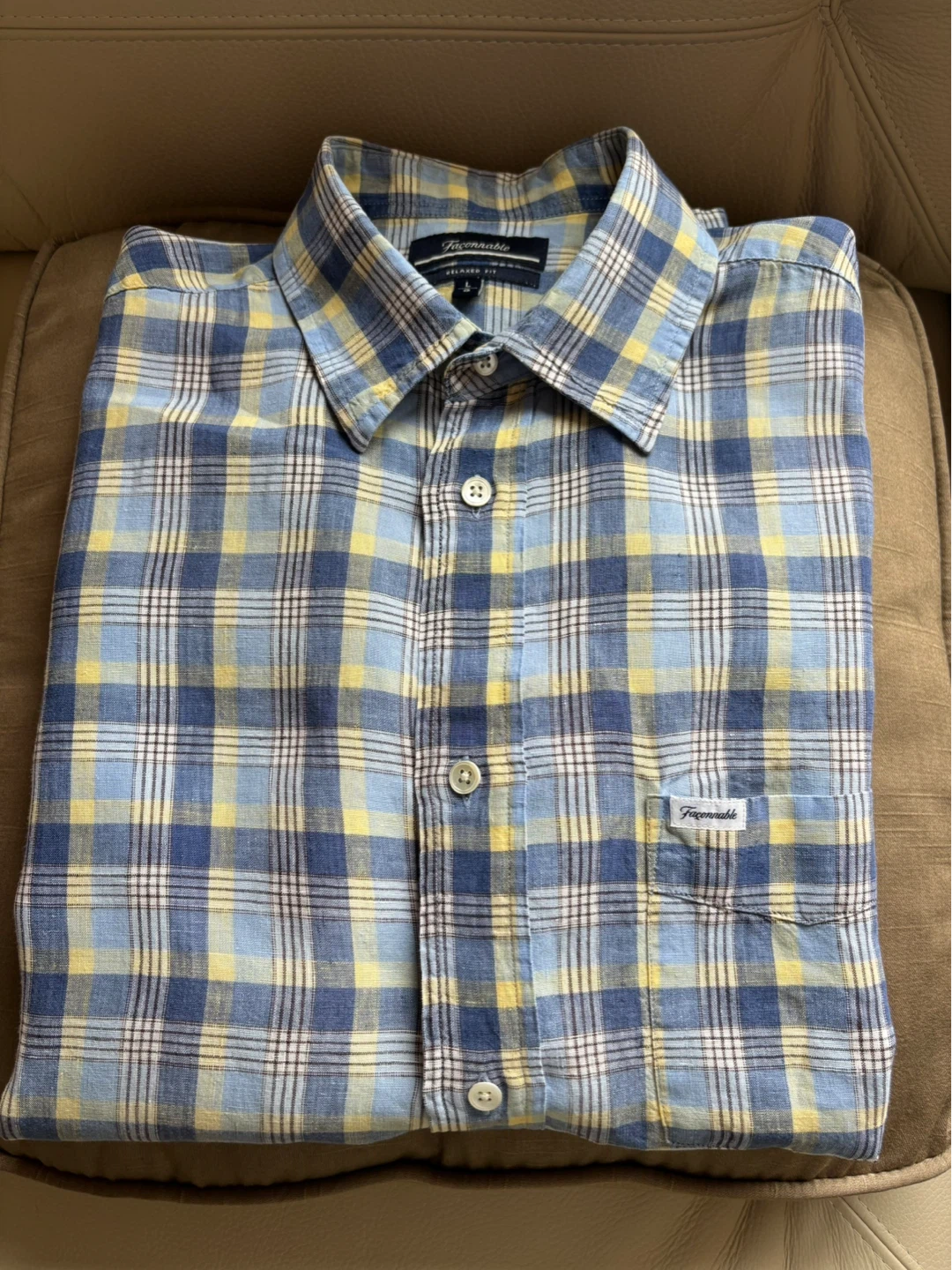 Faconnable Relaxed Fit Plaid Linen Button-Up Shirt - Size L - photo 2