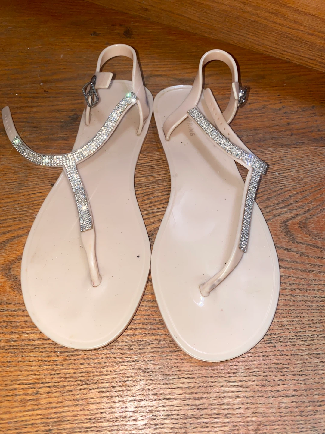 Beige Rhinestone Jelly Thong Sandals
