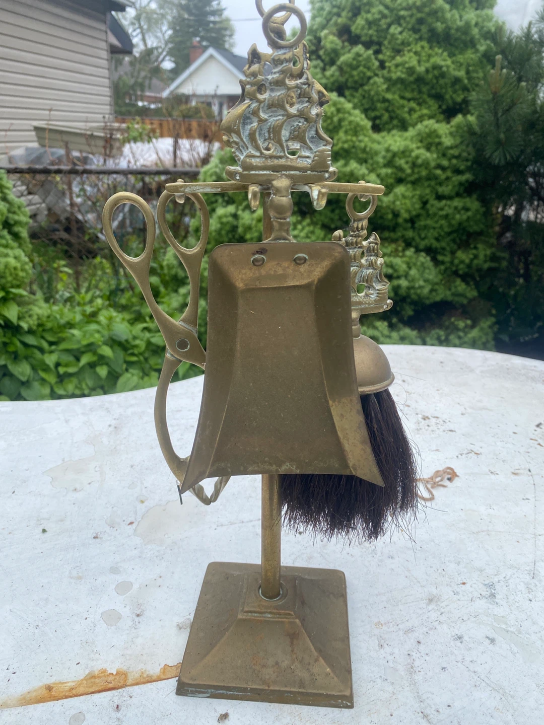 Brass Fireplace Tool Set with Ship Decor