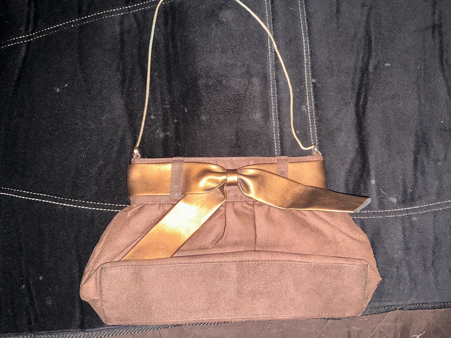 Brown Suede Clutch with Rose Gold Bow