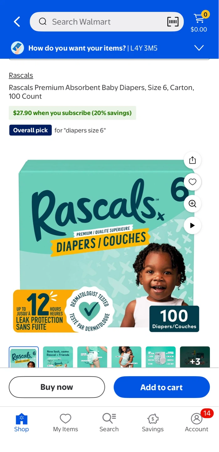 Rascals Premium Absorbent Baby Diapers, Size 6, 100 Count
