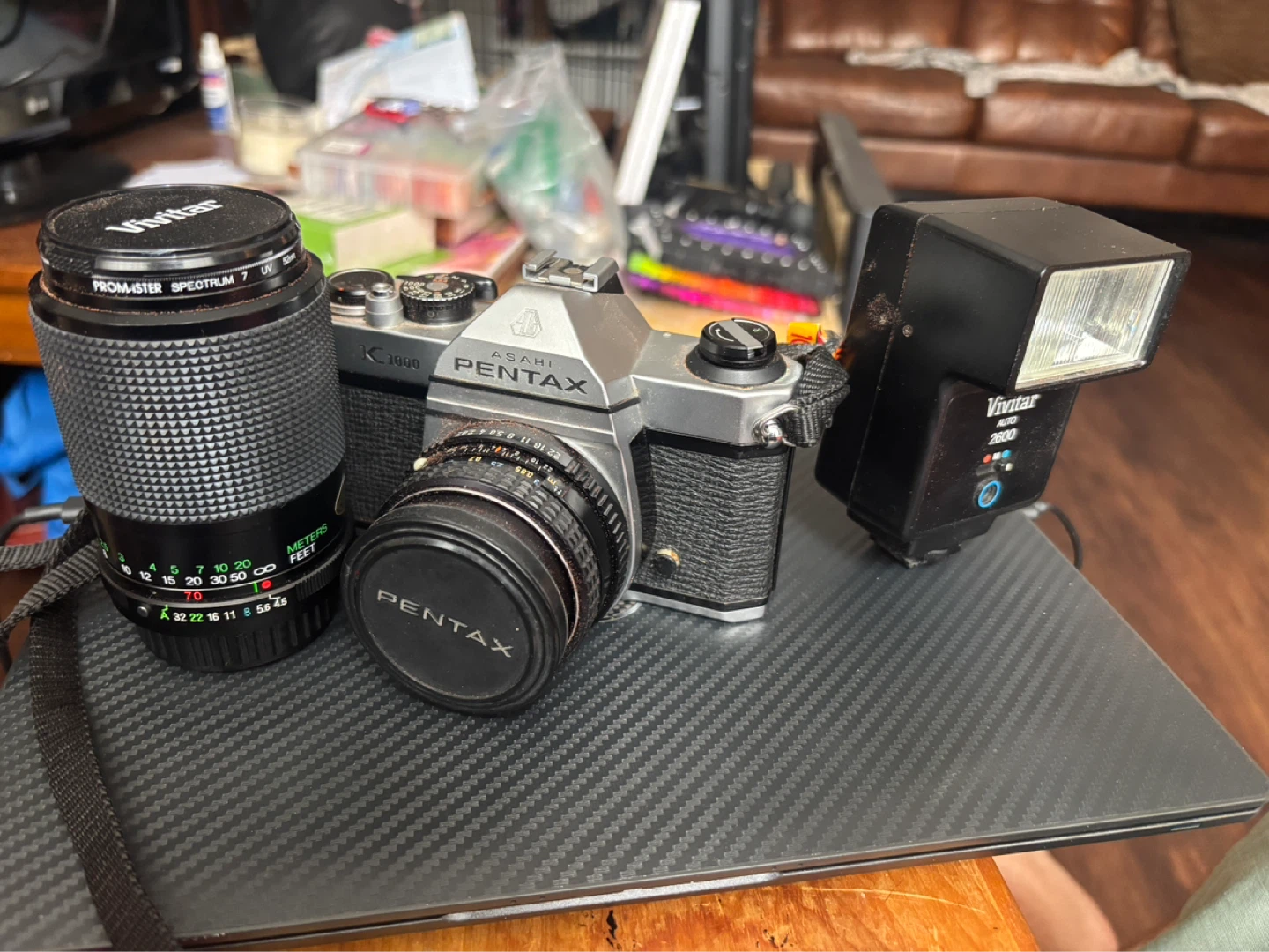 Pentax K1000 Film Camera with Vivitar Zoom Lens & Flash