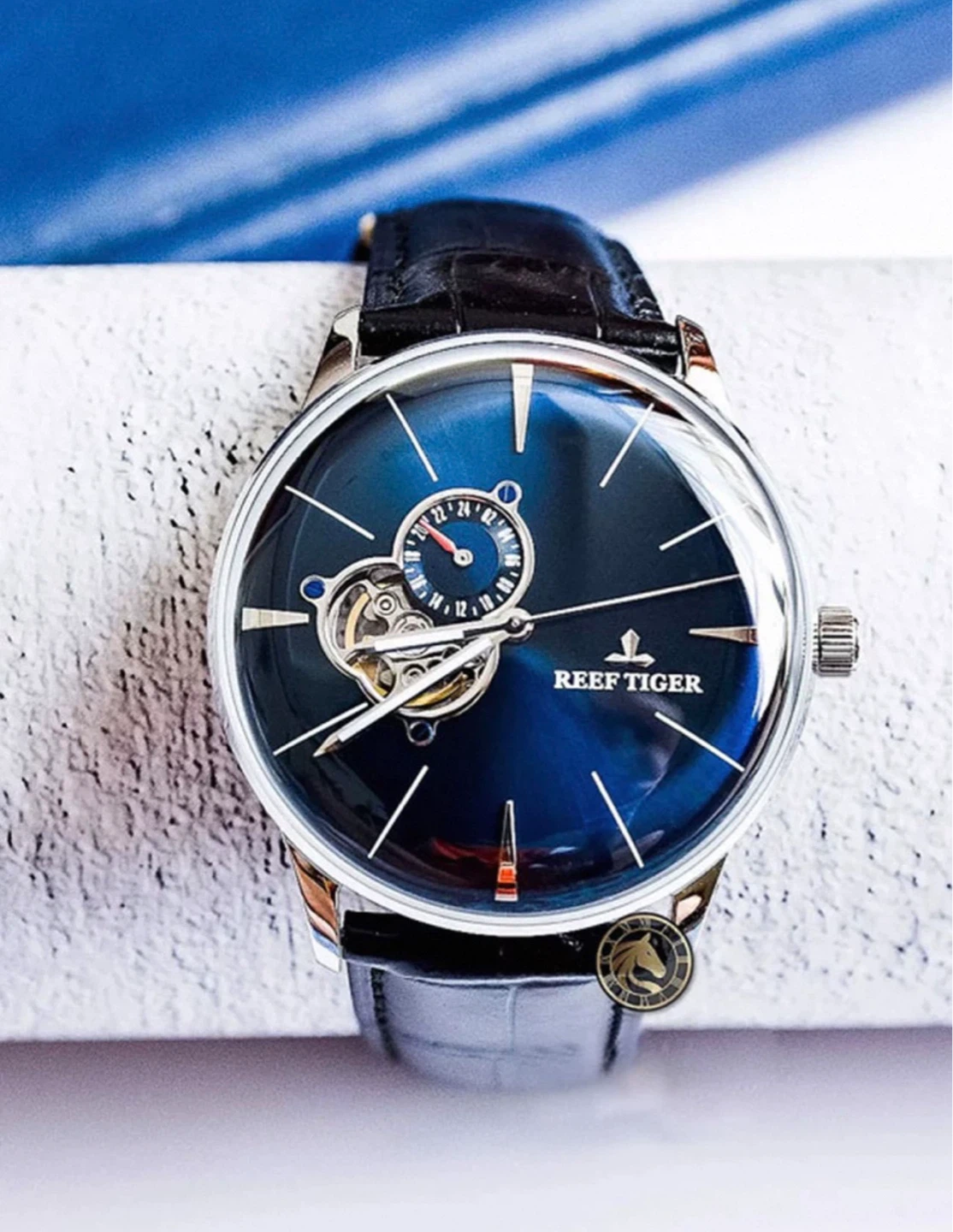 REEF TIGER Blue Crocodile Leather Strap Automatic Watch
