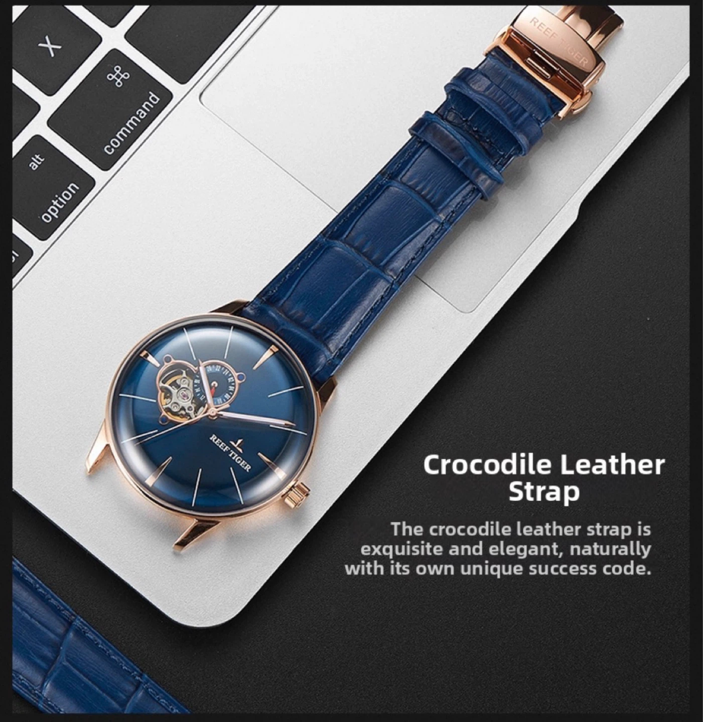 REEF TIGER Blue Crocodile Leather Strap Automatic Watch - photo 4
