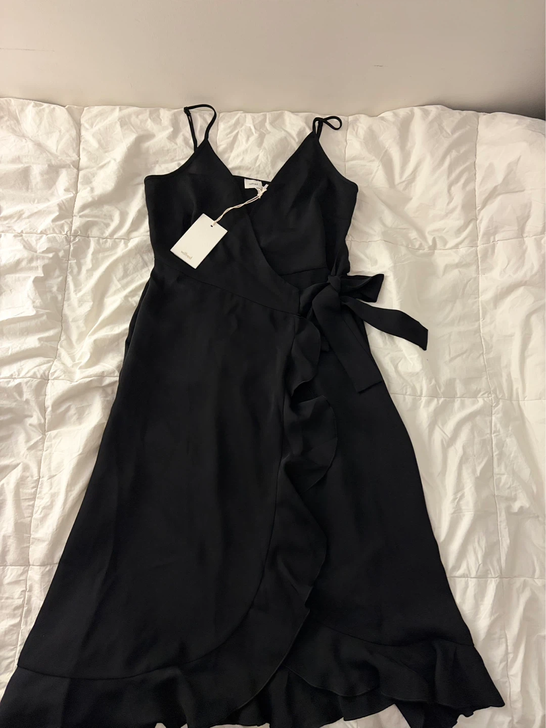 Aritzia Wilfred Black Wrap Dress with Ruffle Trim