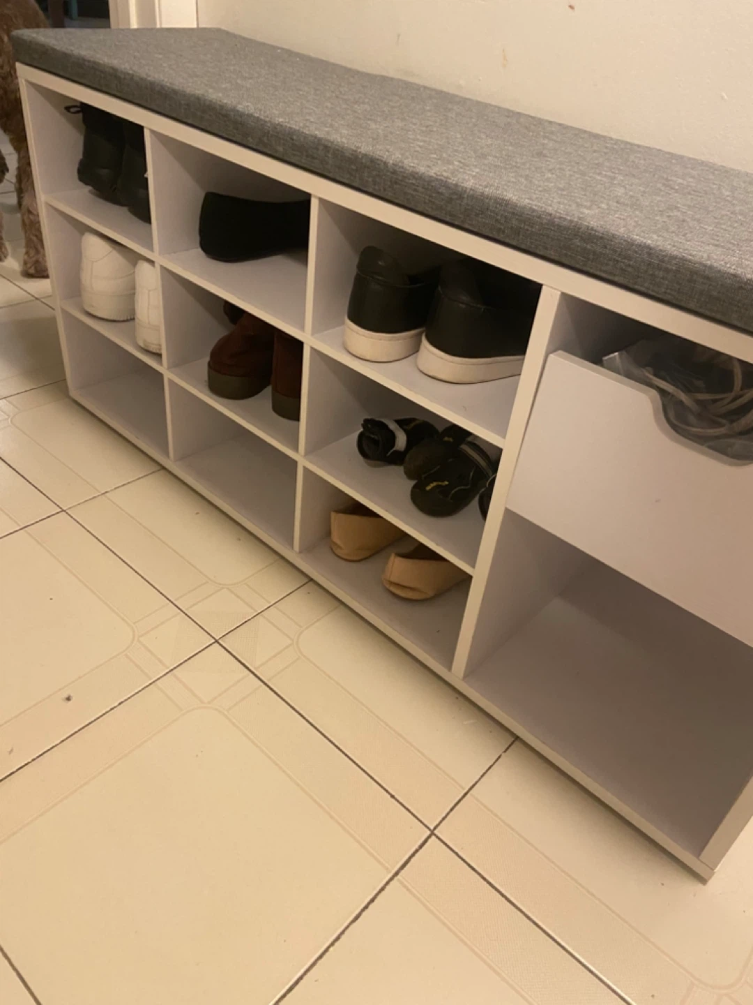 White Shoe Rack Bench with Storage Cubbies and Drawer