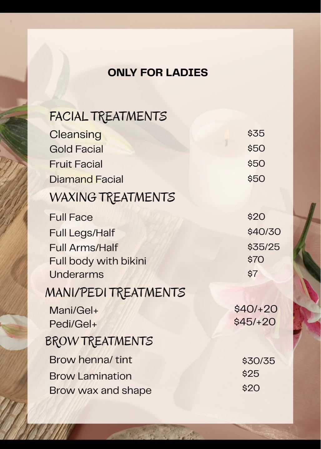 Beauty Treatment Price List