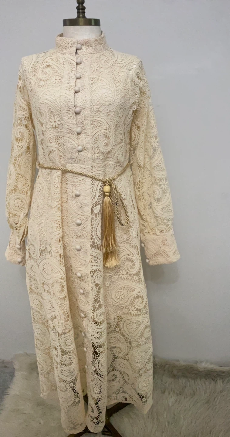 Cream Lace Maxi Dress with Tassel Belt