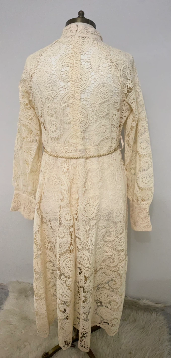 Cream Lace Maxi Dress with Tassel Belt - photo 2