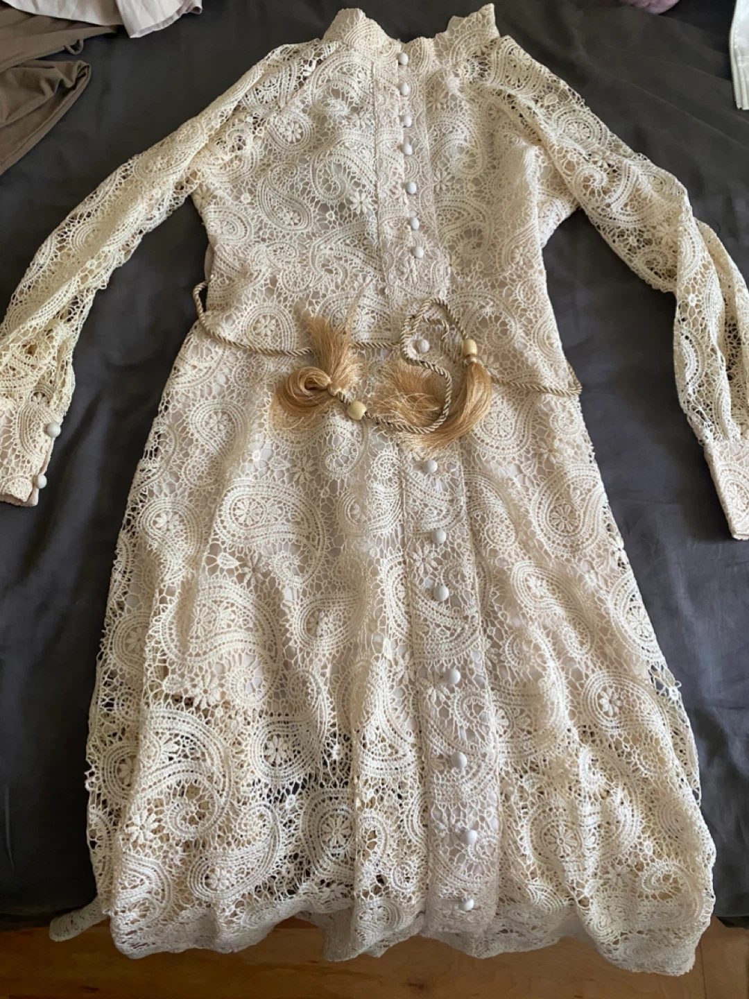 Cream Lace Maxi Dress with Tassel Belt - photo 3
