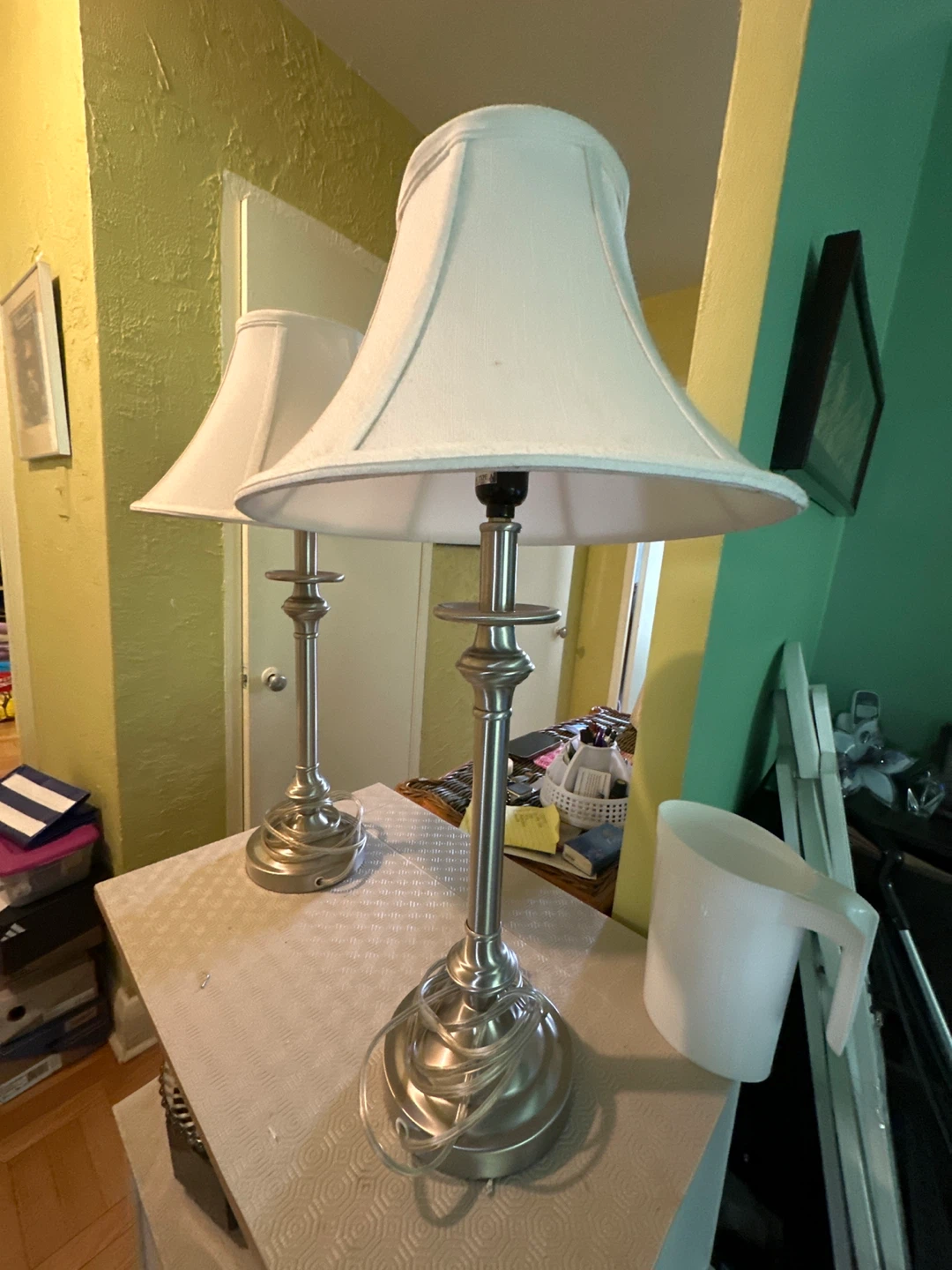 2 Silver Table Lamps with White Shades (Set of 2)