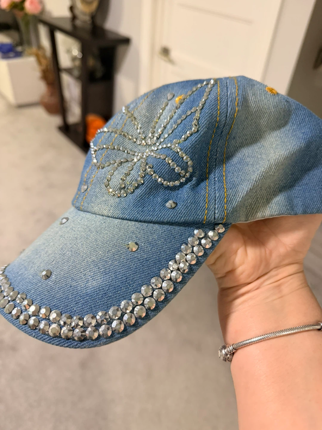 Denim Baseball Cap with Rhinestone Embellishments - photo 2
