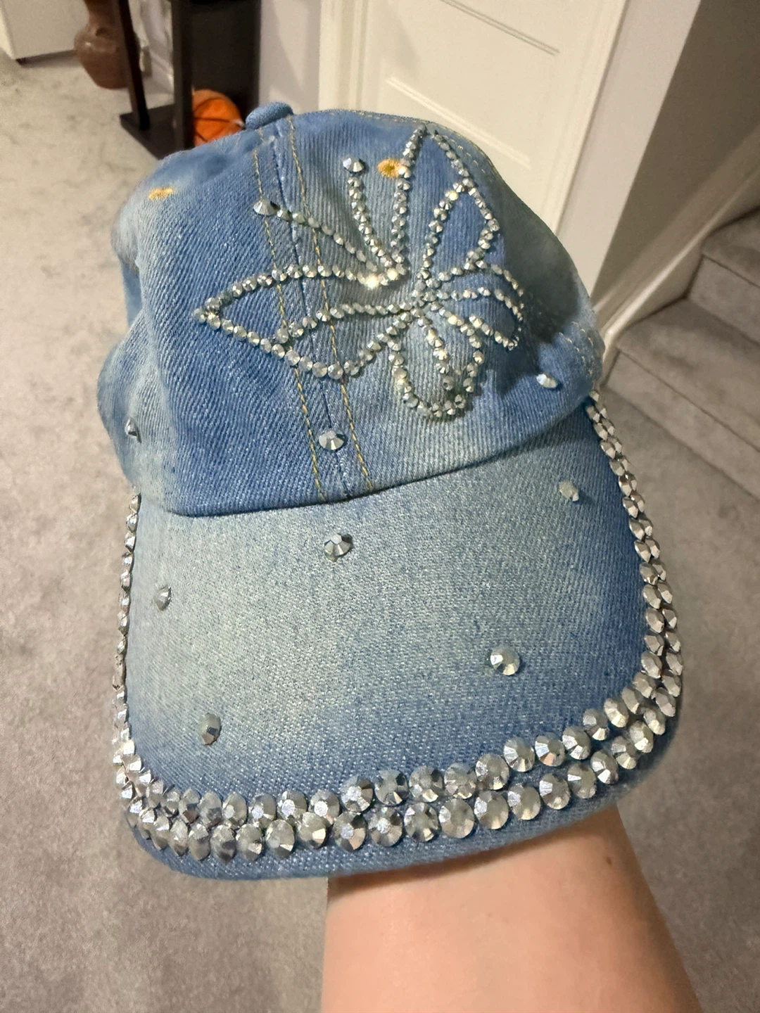 Denim Baseball Cap with Rhinestone Embellishments