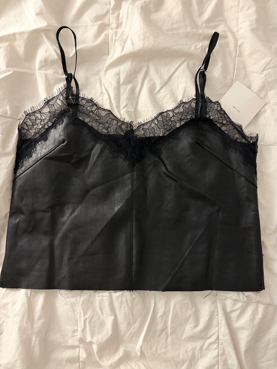 Oak + Fort Black Lace Trim Faux Leather Cami Top