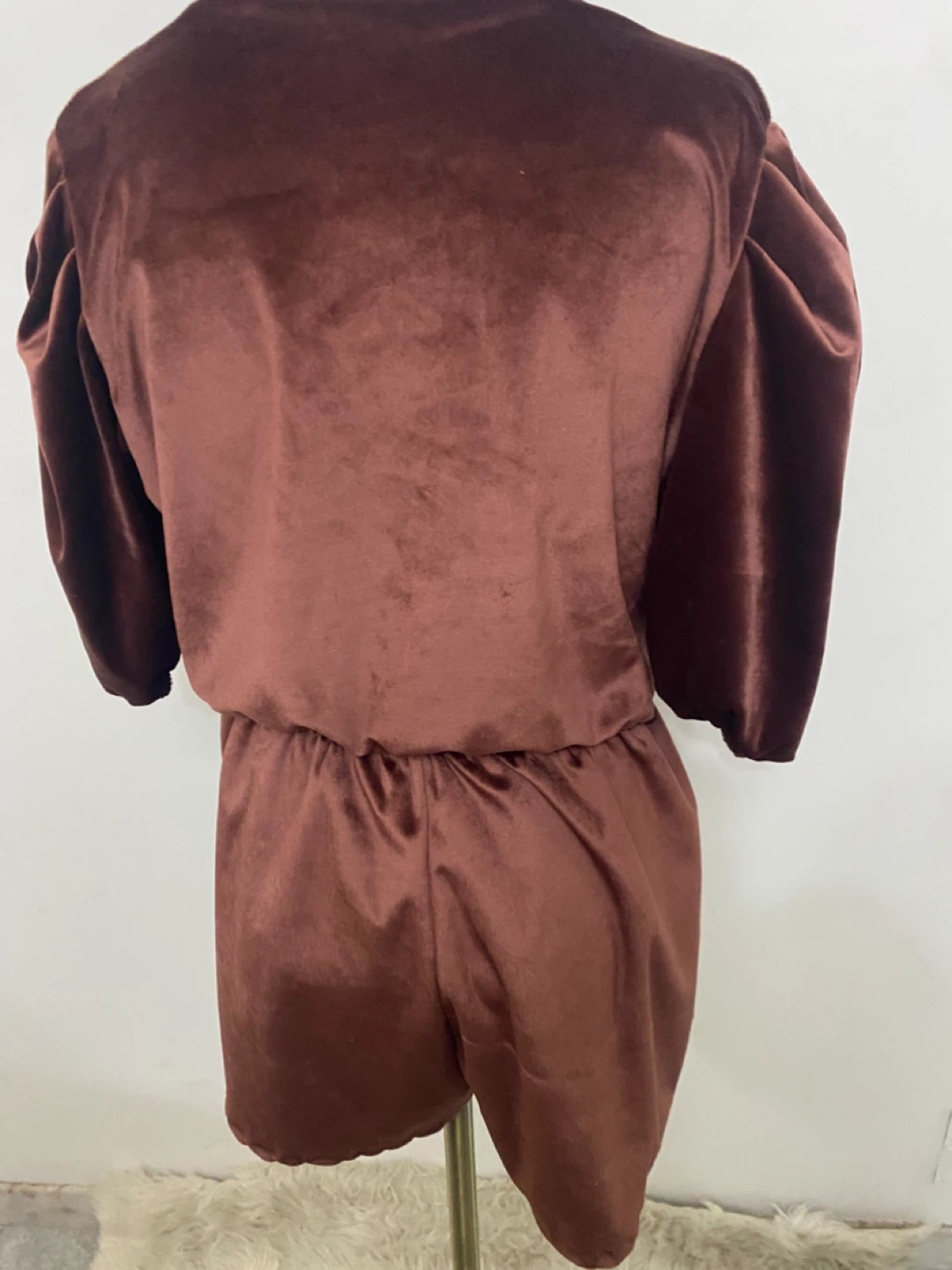 Brown Velvet Romper with Puff Sleeves - photo 3