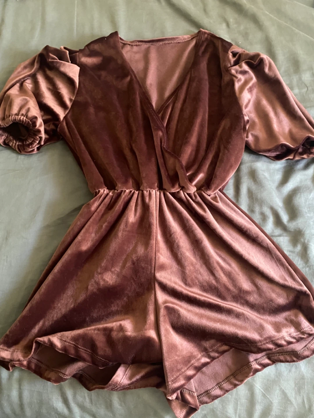 Brown Velvet Romper with Puff Sleeves