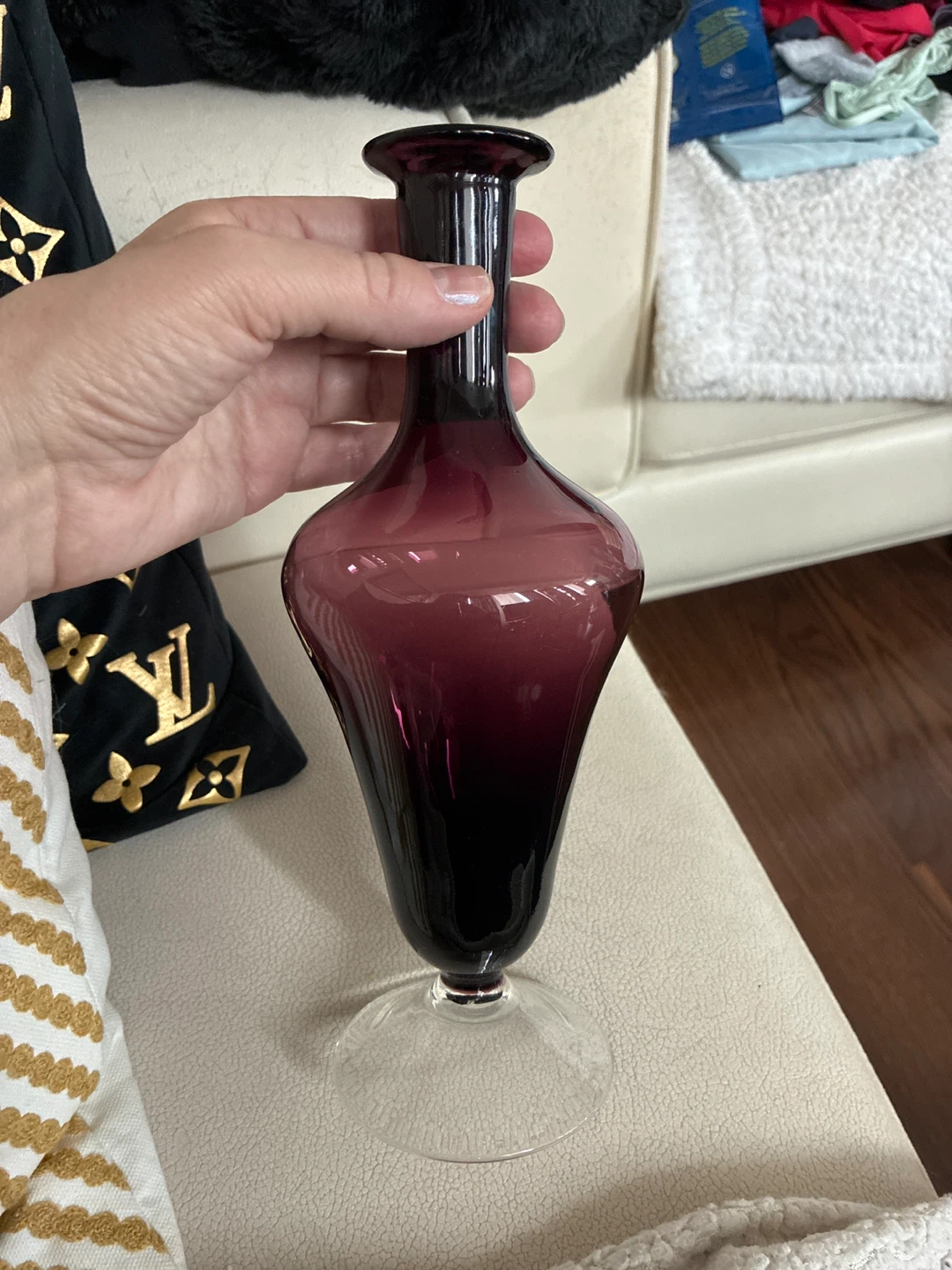 Murano Purple Glass Vase with Clear Base