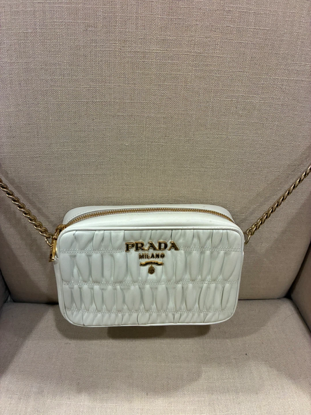 Authentic Prada White Ruched Leather Camera Bag