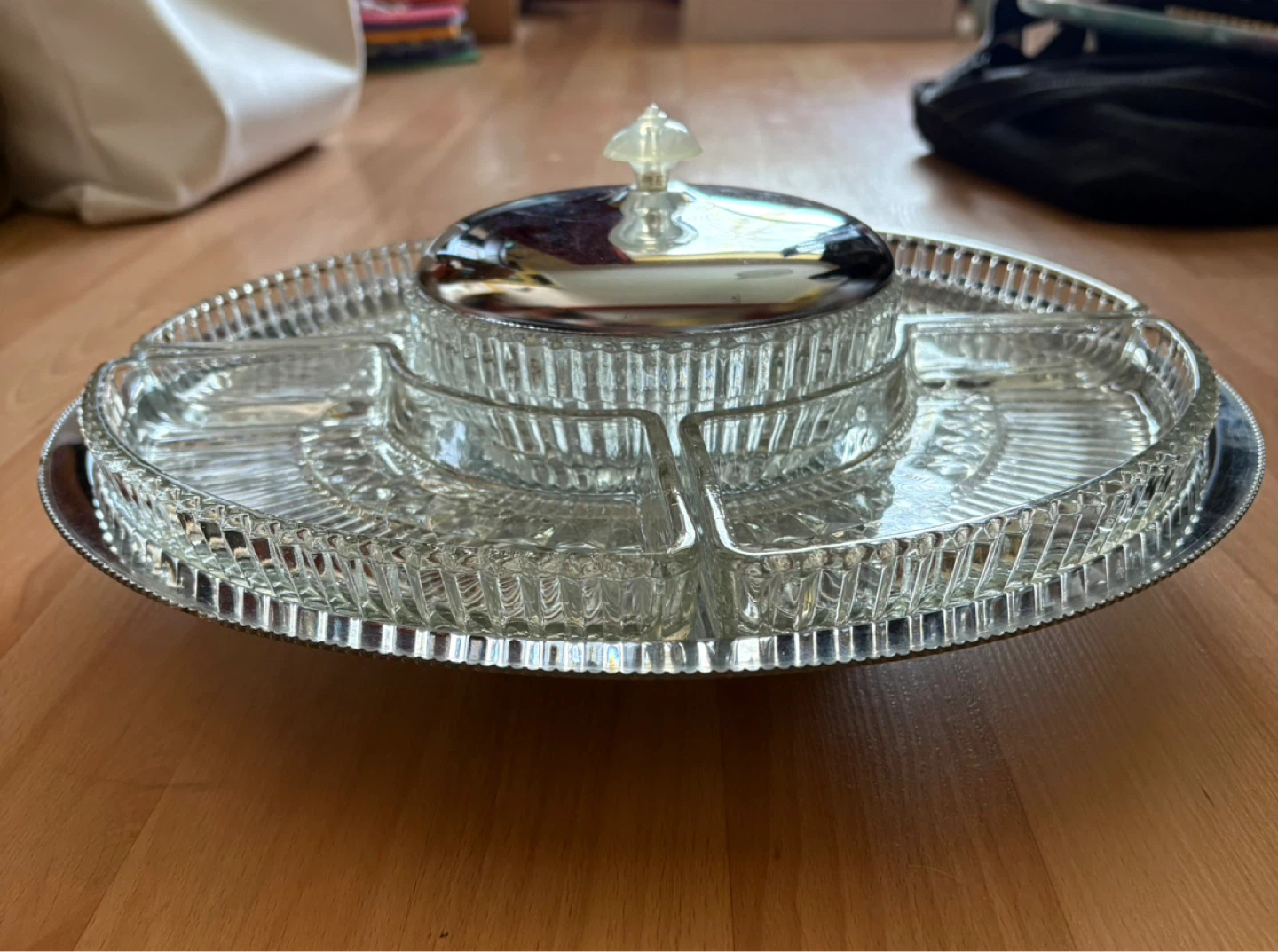 Vintage Kromex Lazy Susan, Chrome & Ribbed Glass Relish Server
