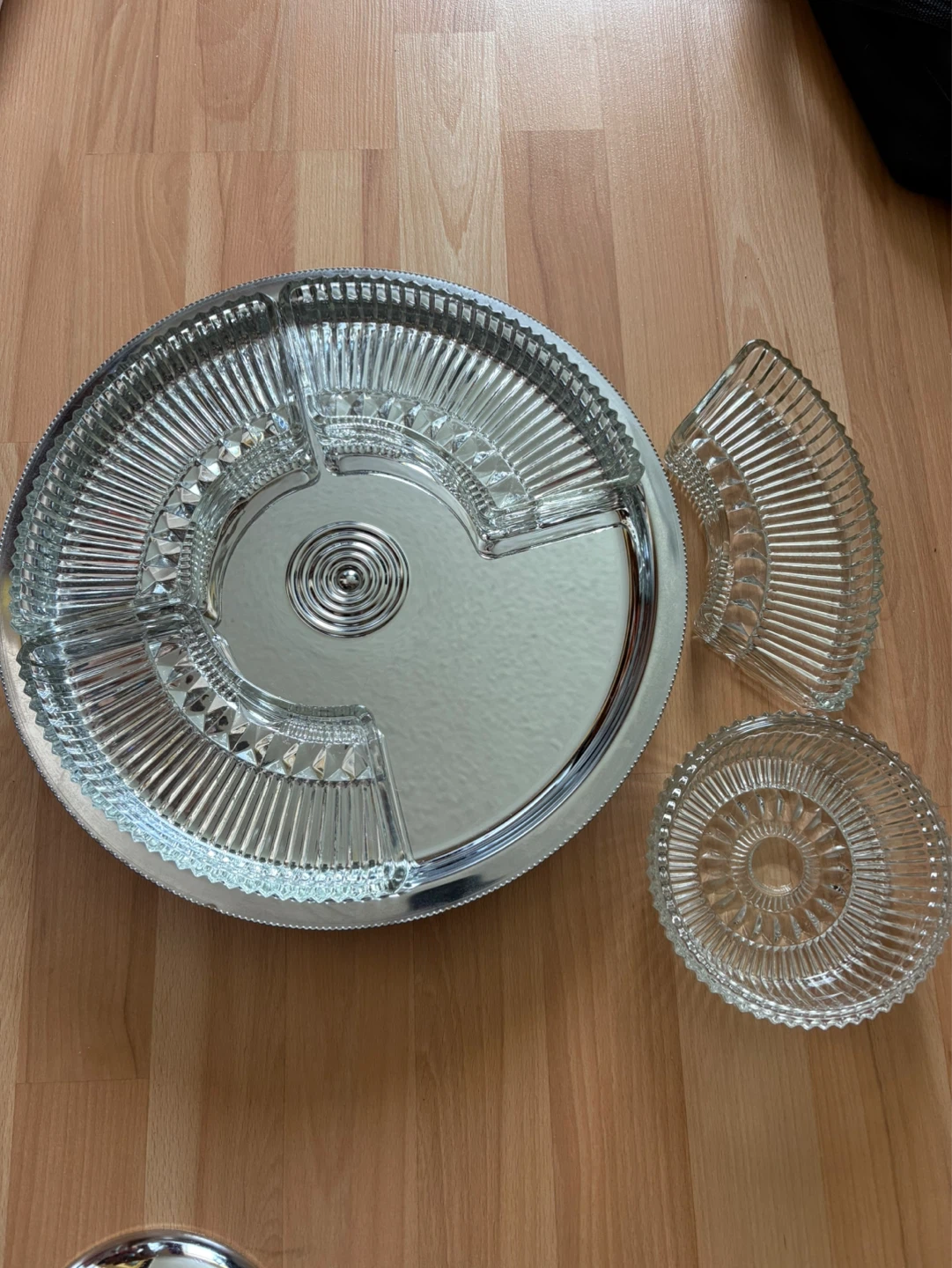 Vintage Kromex Lazy Susan, Chrome & Ribbed Glass Relish Server - photo 4