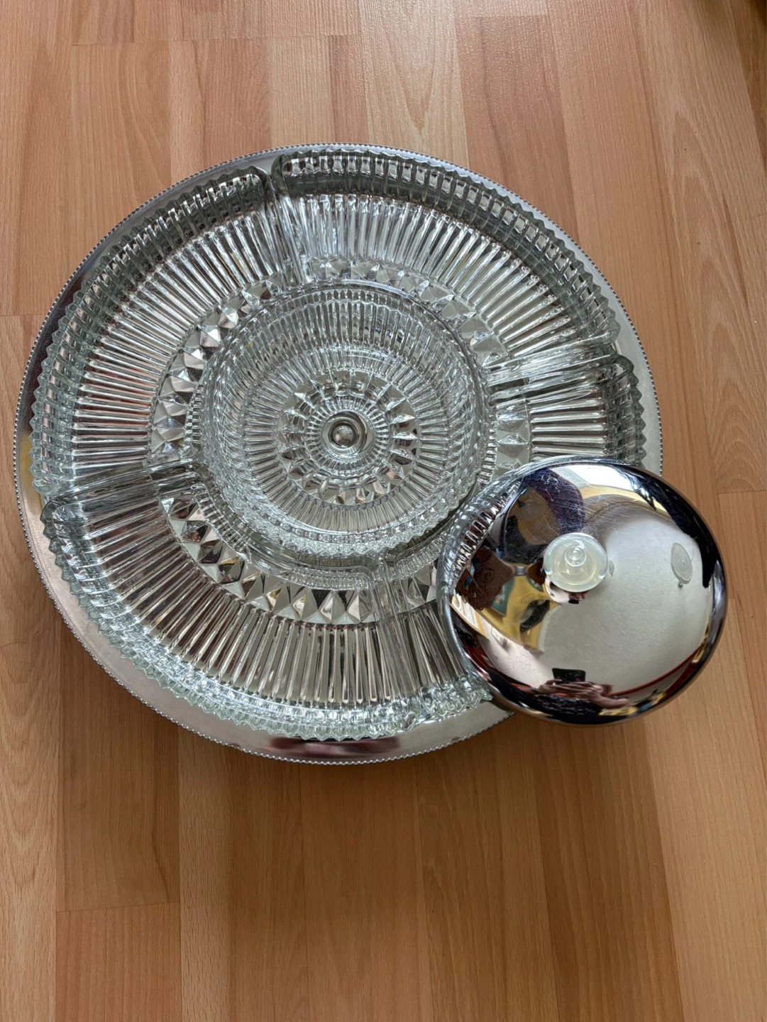 Vintage Kromex Lazy Susan, Chrome & Ribbed Glass Relish Server - photo 2