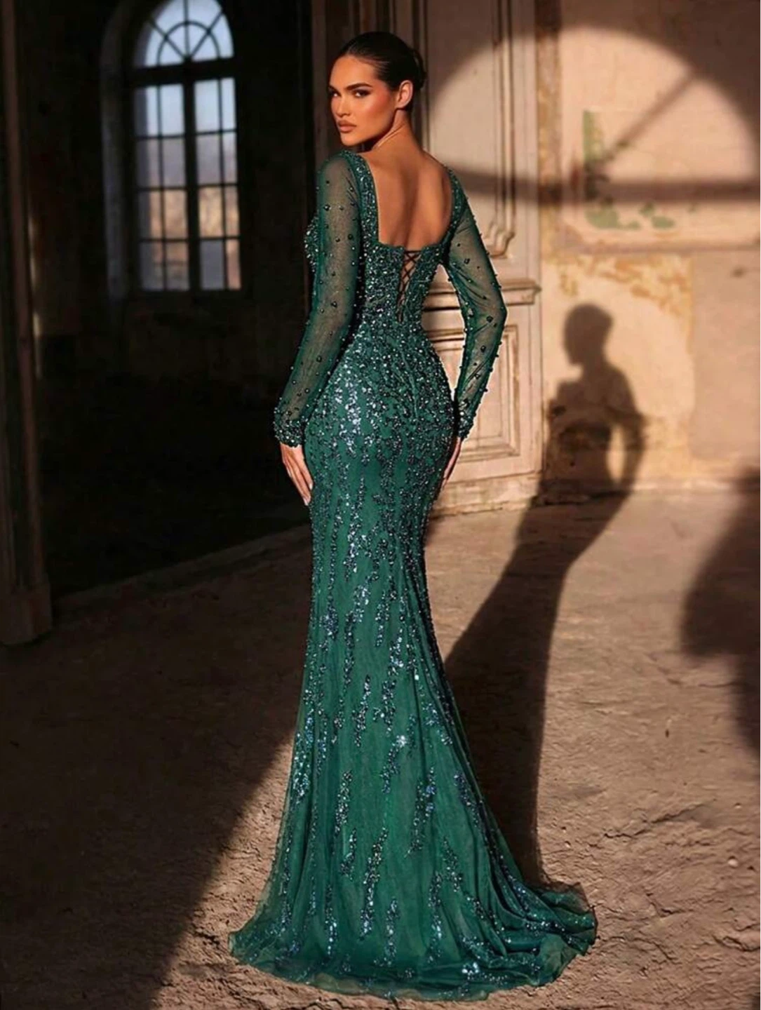 Green Long Sleeve Mermaid Gown - photo 2