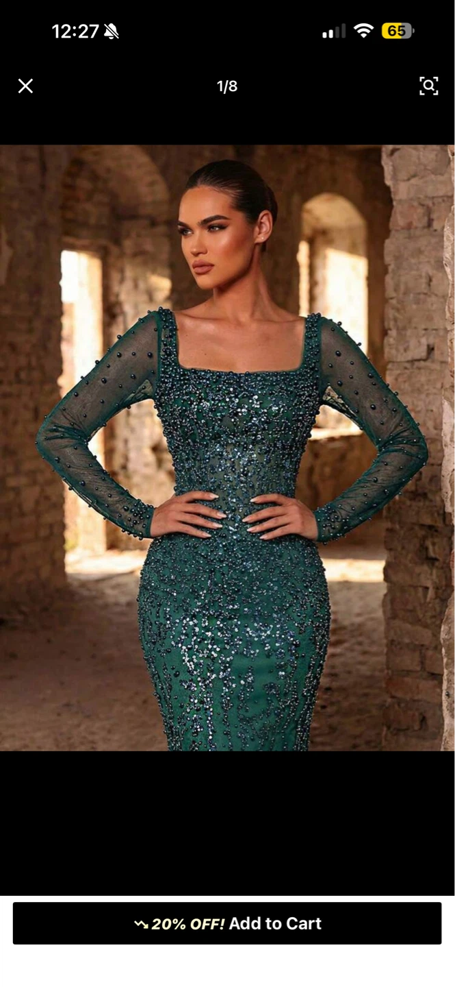 Green Long Sleeve Mermaid Gown - photo 3
