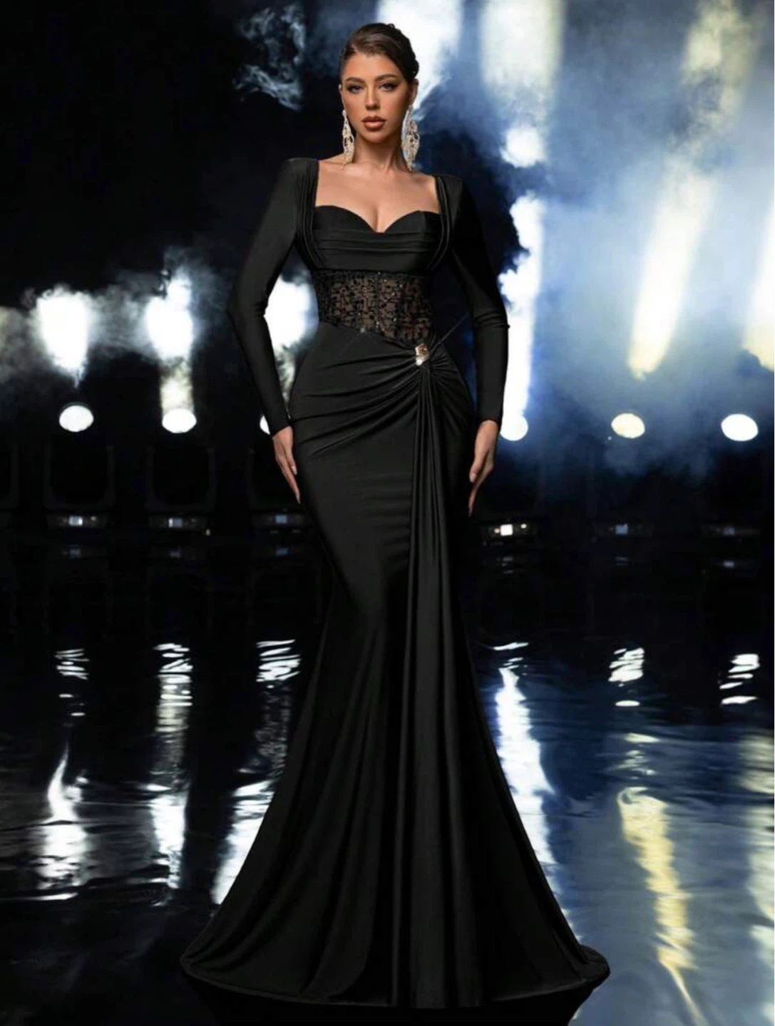 Elegant Black Long Sleeve Ruched Gown