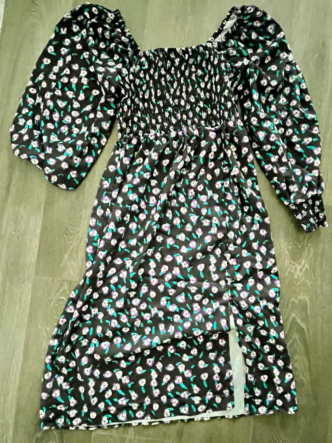 Black floral shirred midi dress