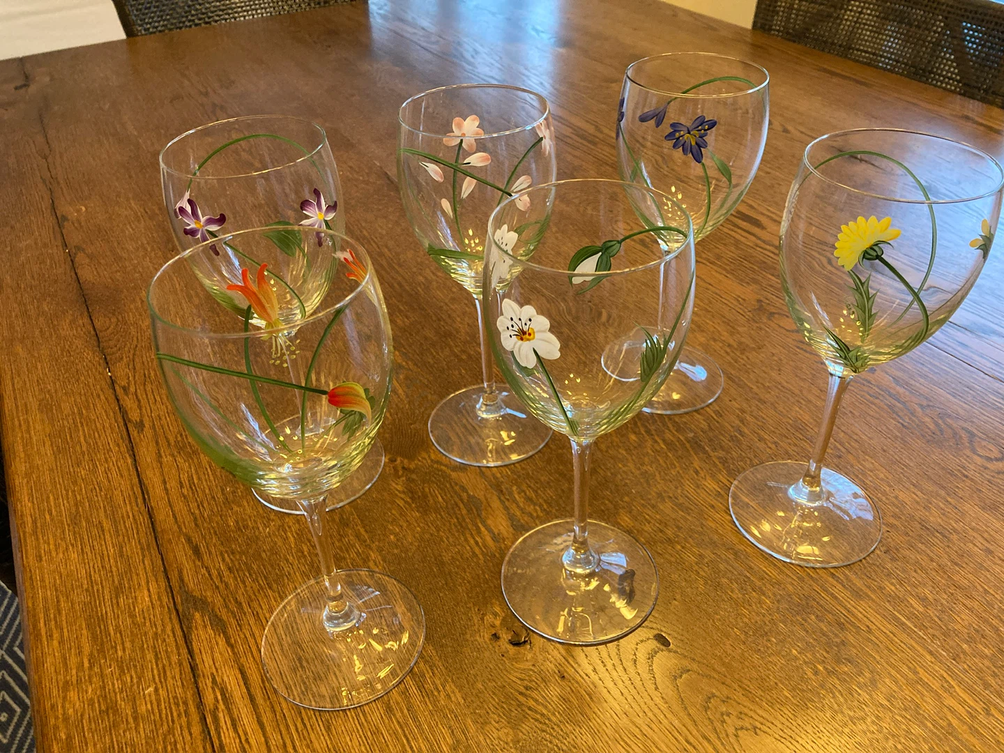 Set of 6 Hand-Painted Floral Wine Glasses