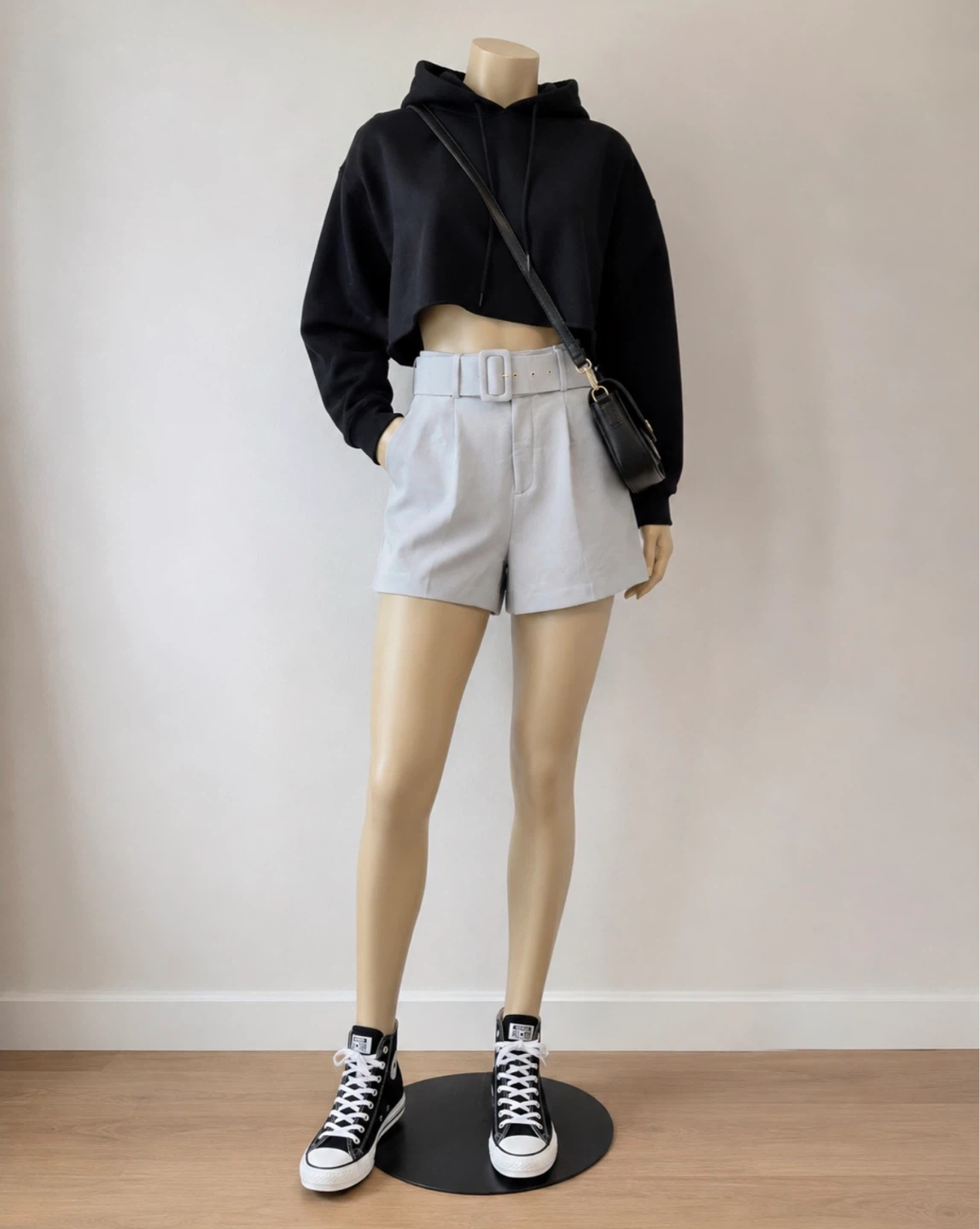 Light Gray High-Waisted Belted Shorts