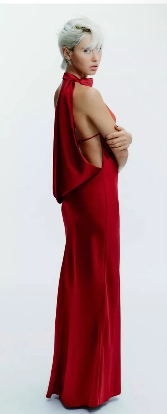 Zara Red Satin Halterneck Maxi Dress NWT XS
