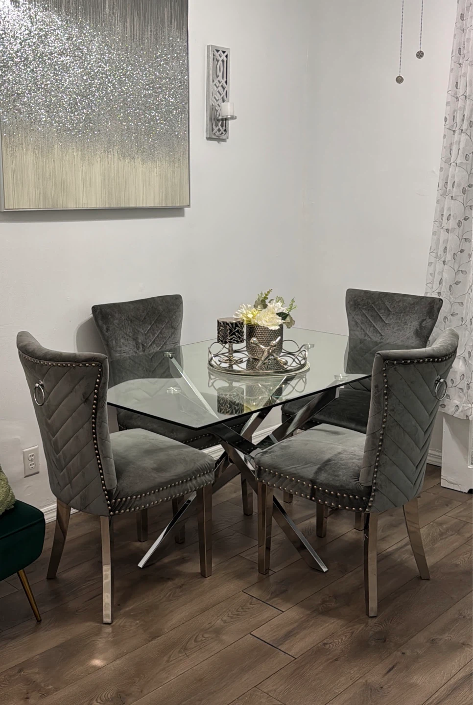 Set of 4 Gray Velvet Dining Chairs with Silver Studs