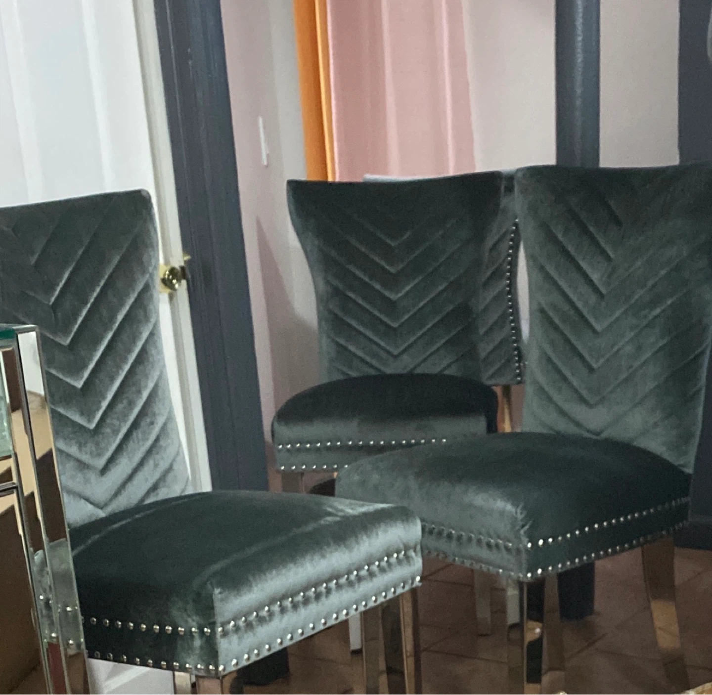 Set of 4 Gray Velvet Dining Chairs with Silver Studs - photo 2