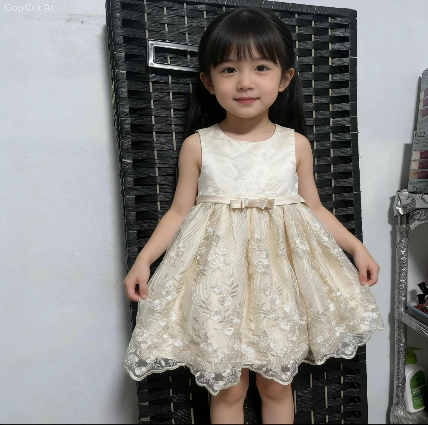 Girls Formal Dress - Cream/Gold Floral Pattern