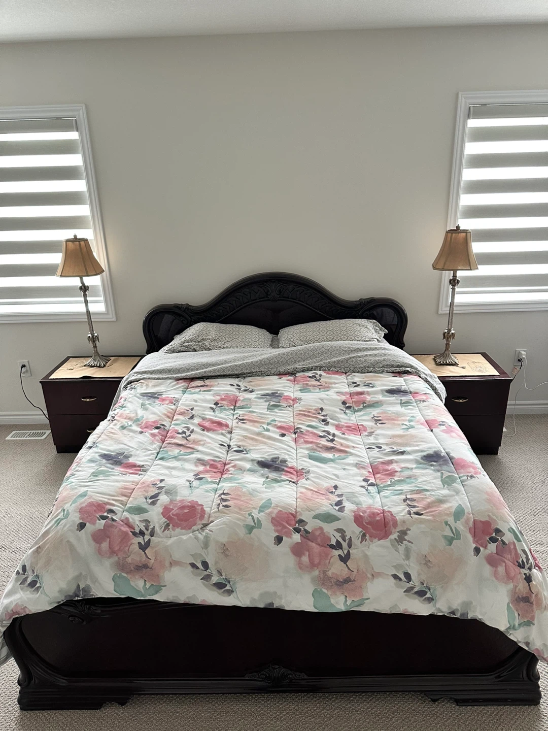 Dark Wood Bedroom Set: Bed Frame, Dresser, and Nightstands