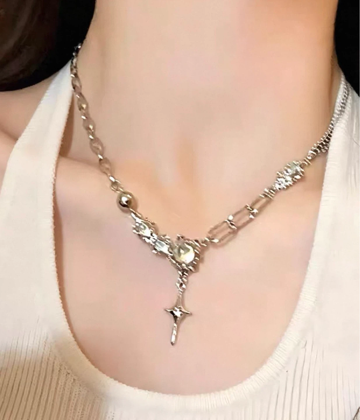 Silver Star Pendant Necklace with Iridescent Accents - photo 3