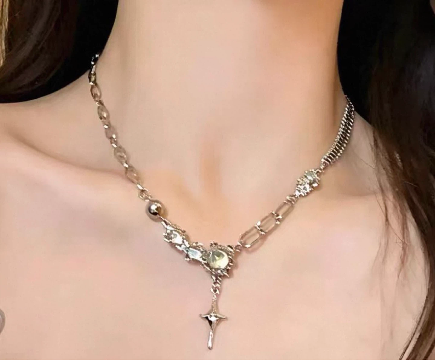 Silver Star Pendant Necklace with Iridescent Accents - photo 2